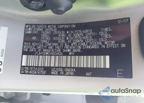 2007 Lexus Lx 470 из США, поврежденный, VIN JTJHT00W074024426